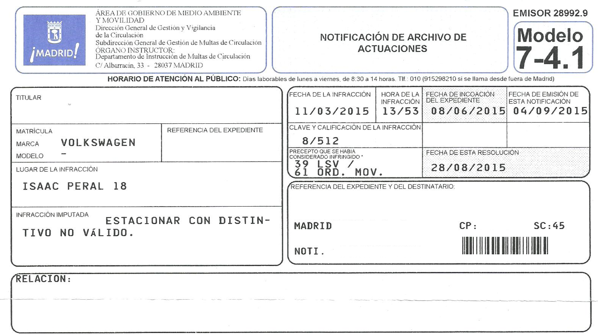 Tristemente lava Cartas credenciales Anulación de una multa del SER de Madrid por un error en la matrícula 